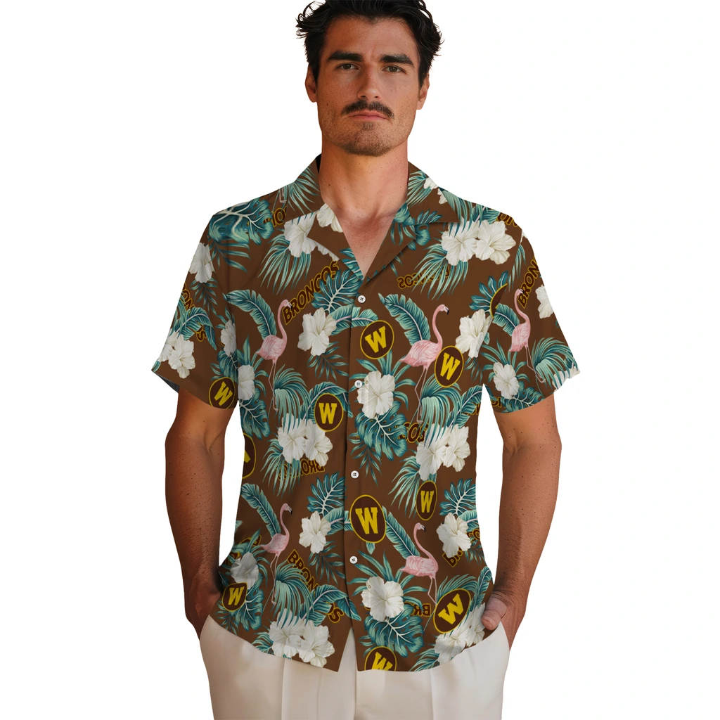 Western Michigan Broncos Hawaiian Shirt - Flamingo and Hibiscus western michigan broncos flamingo palms brown hawaiian shirts fashion forward