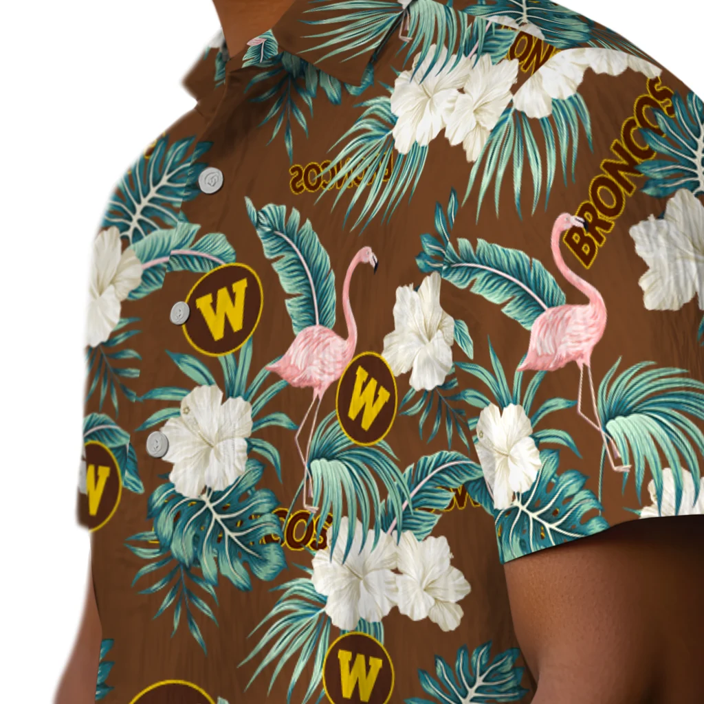 Western Michigan Broncos Hawaiian Shirt - Flamingo and Hibiscus western michigan broncos flamingo palms brown hawaiian shirts trendy