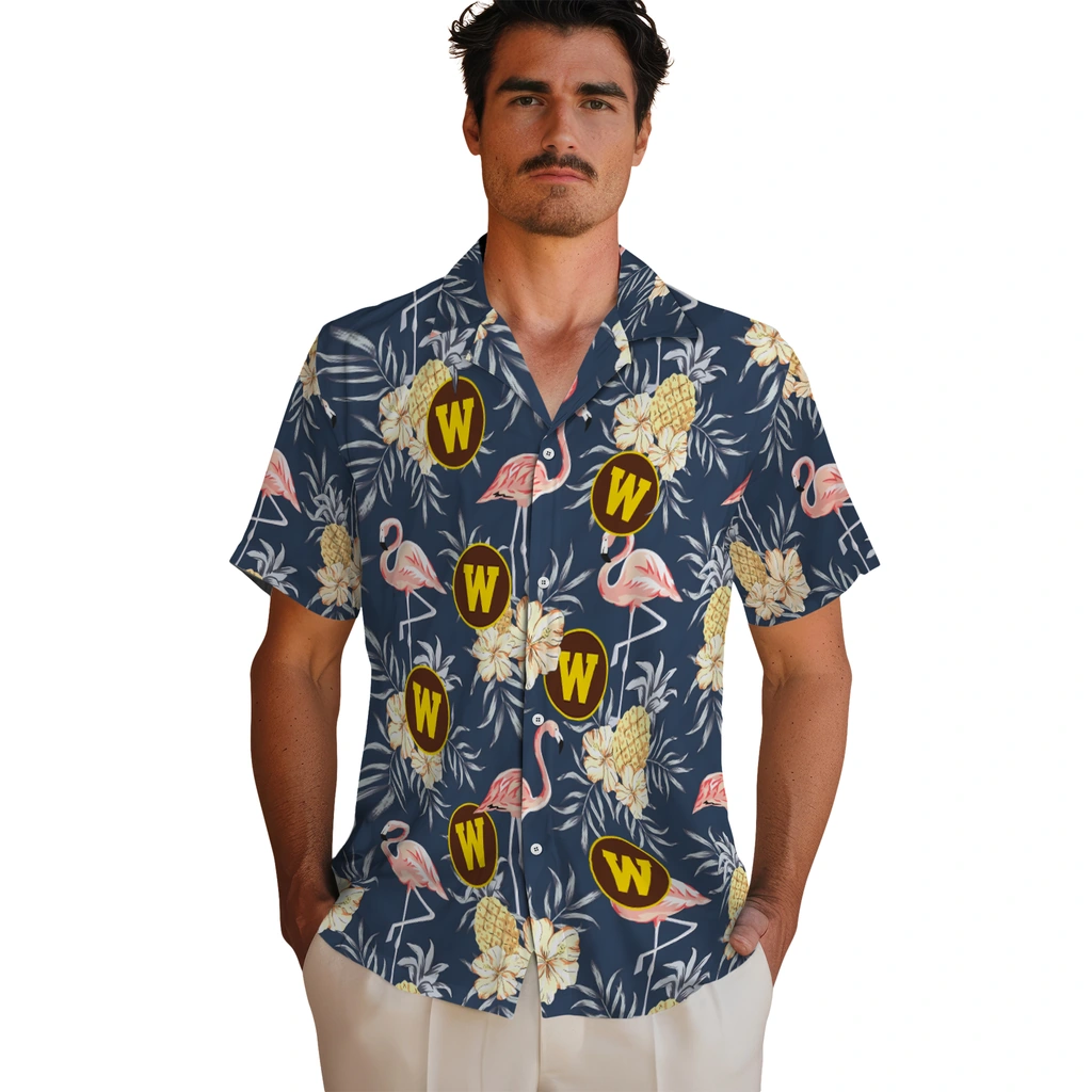 Western Michigan Broncos Hawaiian Shirt - Flamingo Hibiscus western michigan broncos flamingo hibiscus navy hawaiian shirts fashion forward
