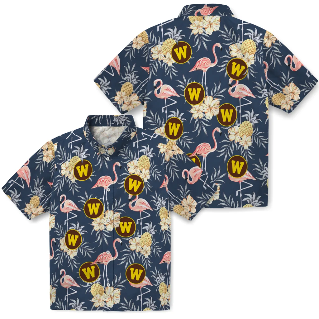 Western Michigan Broncos Hawaiian Shirt - Flamingo Hibiscus western michigan broncos flamingo hibiscus navy hawaiian shirts high quality