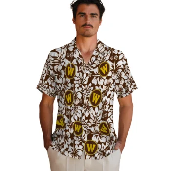 western michigan broncos hibiscus motif brown white hawaiian shirts fashion forward