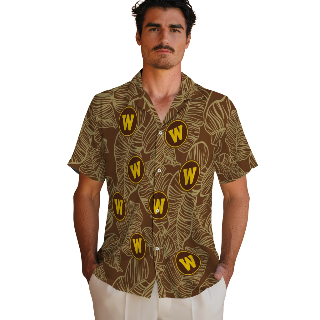 Western Michigan Broncos Hawaiian Shirt - Leaf Outline western michigan broncos leaf outline brown hawaiian shirts fashion forward