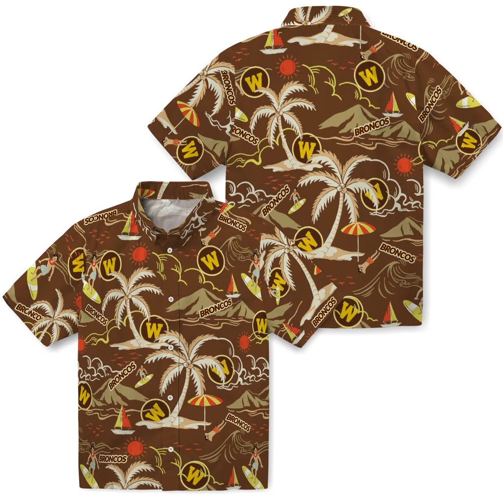 Western Michigan Broncos Hawaiian Shirt - Palm Tree Island western michigan broncos palm tree island brown hawaiian shirts high quality
