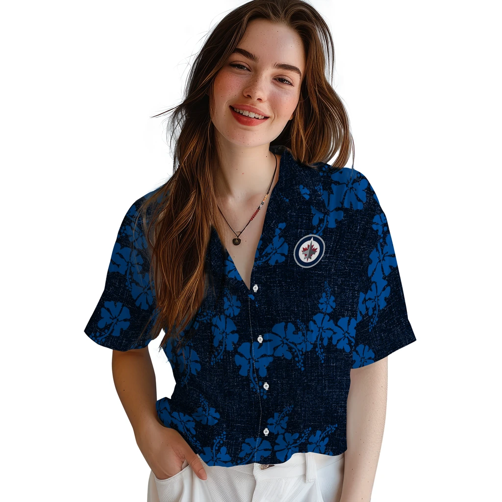 Winnipeg Jets Hawaiian Shirt - 50th State Flower winnipeg jets hibiscus petals blue hawaiian shirts latest model