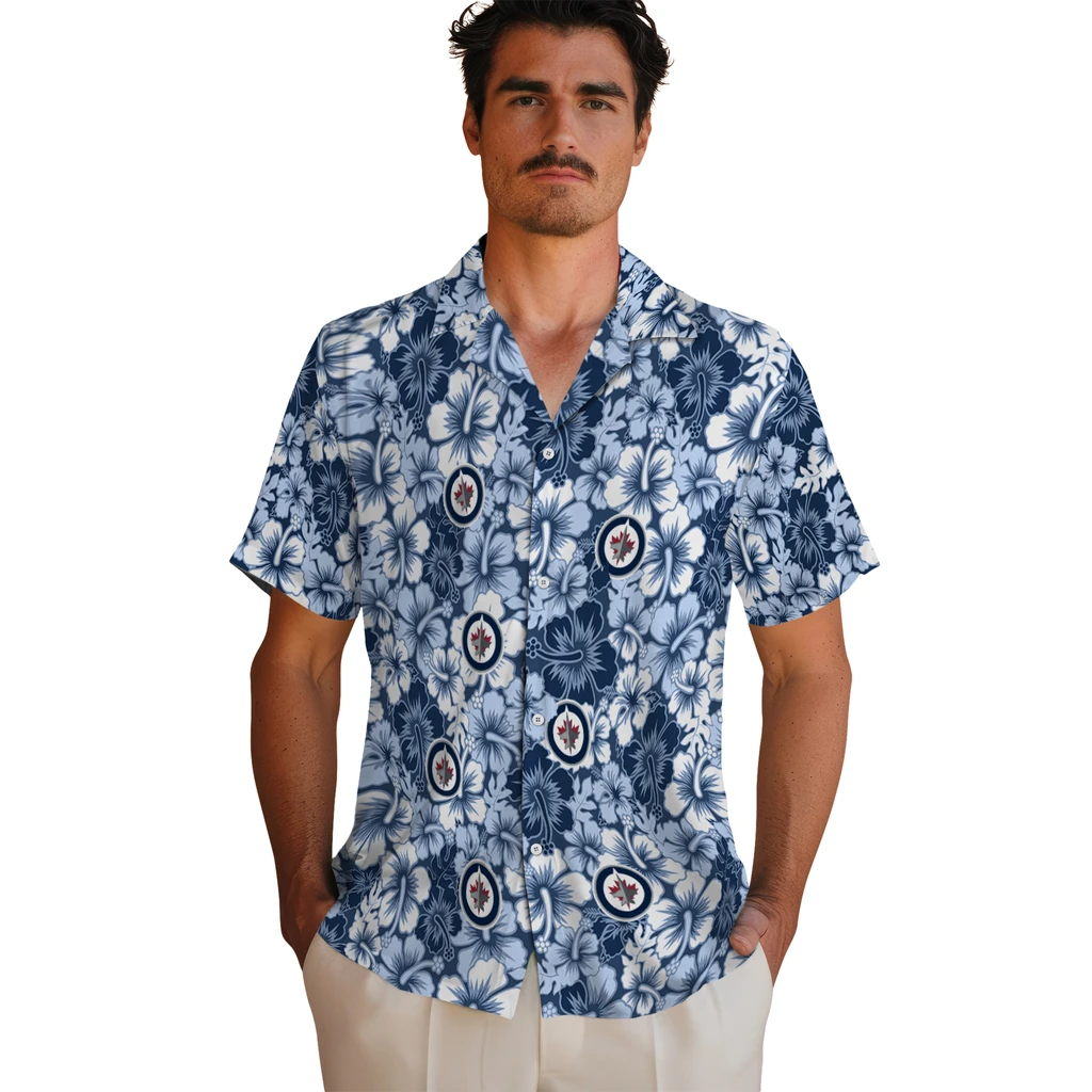 Winnipeg Jets Hawaiian Shirt - Hibiscus Blooms winnipeg jets hibiscus blooms blue hawaiian shirts fashion forward