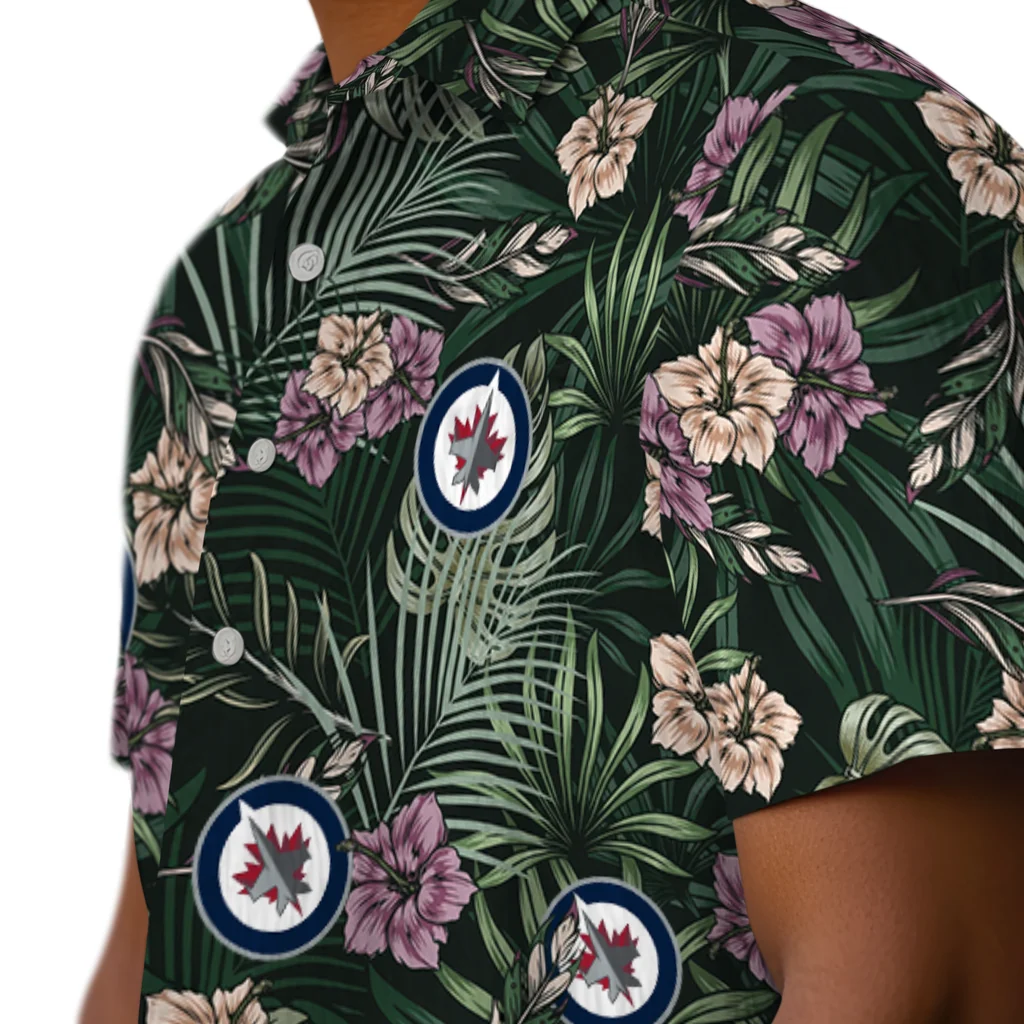 Winnipeg Jets Hawaiian Shirt - Hibiscus Leaves Pattern winnipeg jets hibiscus leaves pattern green hawaiian shirts trendy