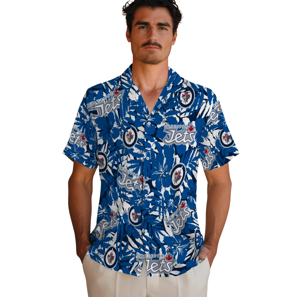 Winnipeg Jets Hawaiian Shirt - Hibiscus Overlay winnipeg jets hibiscus overlay hawaiian shirts fashion forward