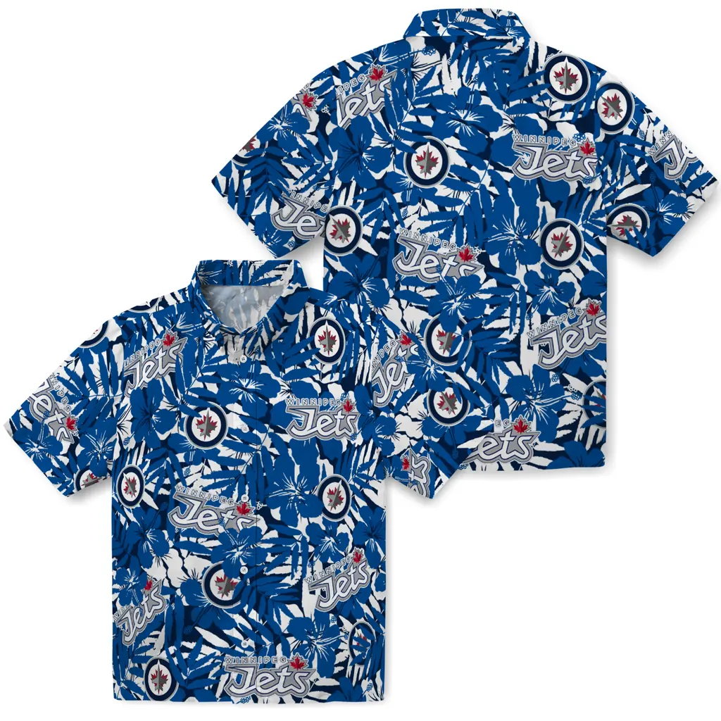 Winnipeg Jets Hawaiian Shirt - Hibiscus Overlay winnipeg jets hibiscus overlay hawaiian shirts high quality
