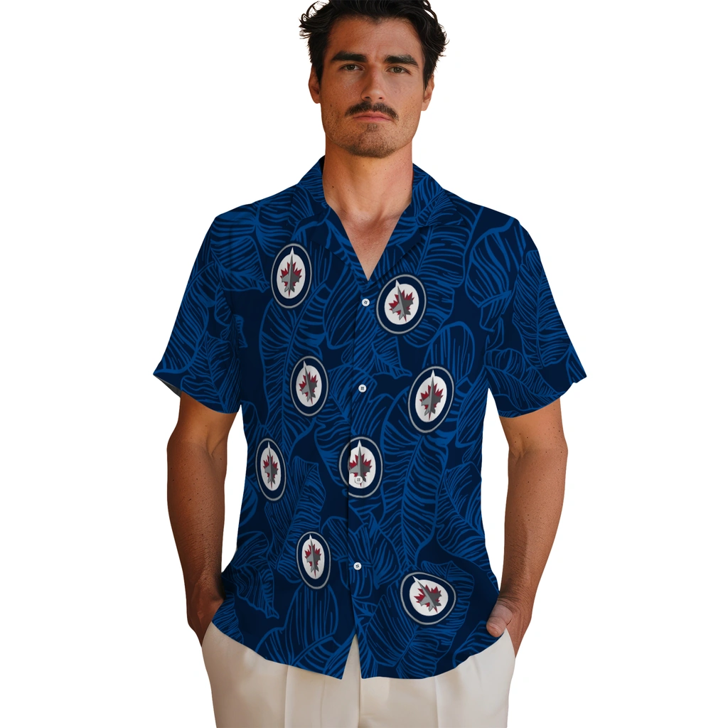 Winnipeg Jets Hawaiian Shirt - Leaf Outline winnipeg jets leaf outline blue hawaiian shirts fashion forward