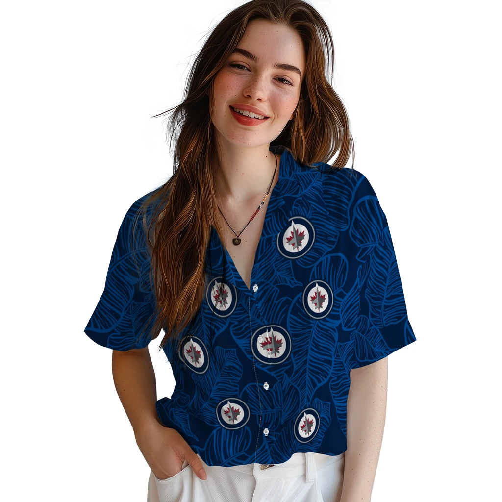 Winnipeg Jets Hawaiian Shirt - Leaf Outline winnipeg jets leaf outline blue hawaiian shirts latest model