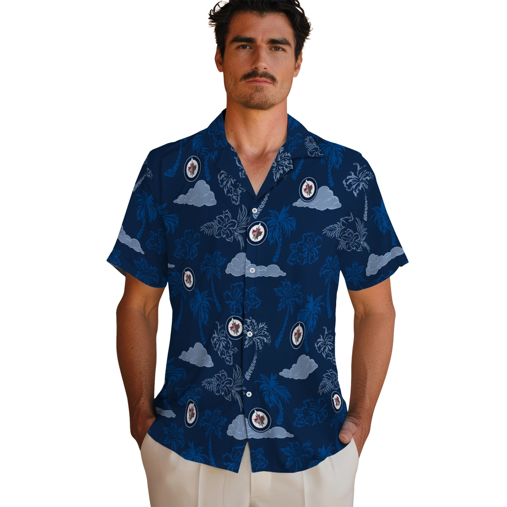 Winnipeg Jets Hawaiian Shirt - Palm And Clouds winnipeg jets palm and clouds blue hawaiian shirts fashion forward