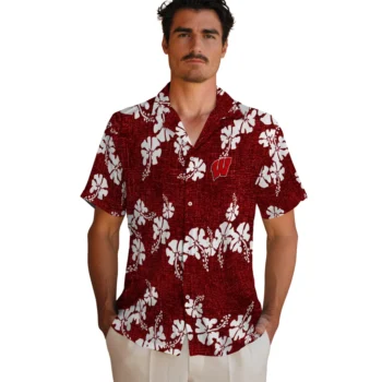 wisconsin badgers hibiscus petals red hawaiian shirts fashion forward