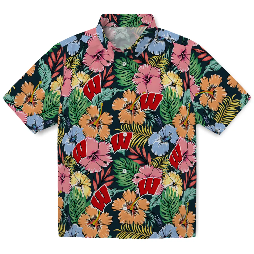 Wisconsin Badgers Hawaiian Shirt - Brilliant Hibiscus Garden wisconsin badgers brilliant hibiscus garden hawaiian shirts best selling