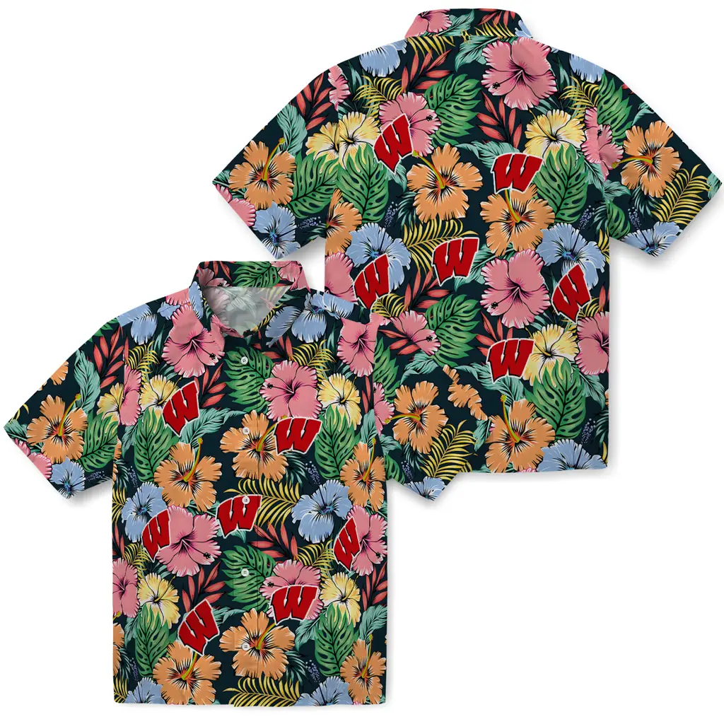 Wisconsin Badgers Hawaiian Shirt - Brilliant Hibiscus Garden wisconsin badgers brilliant hibiscus garden hawaiian shirts high quality
