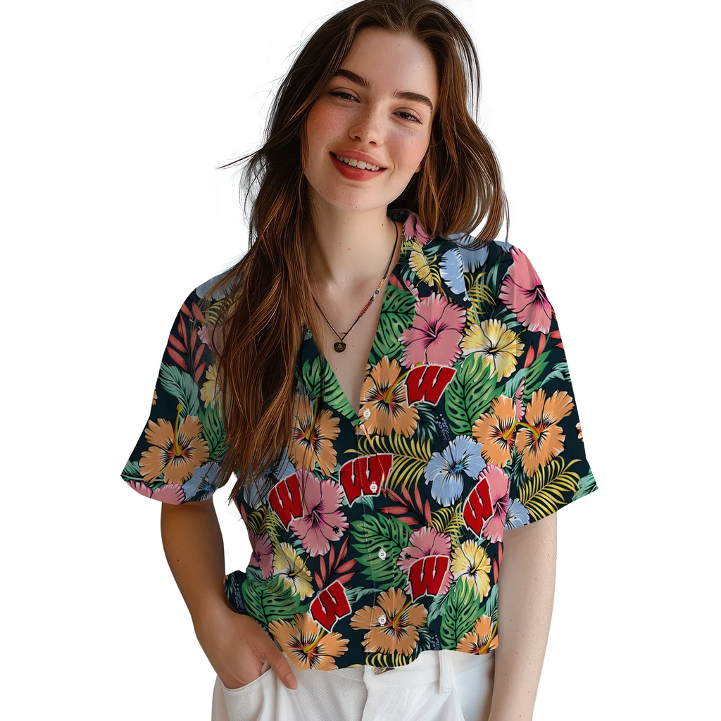 Wisconsin Badgers Hawaiian Shirt - Brilliant Hibiscus Garden wisconsin badgers brilliant hibiscus garden hawaiian shirts latest model