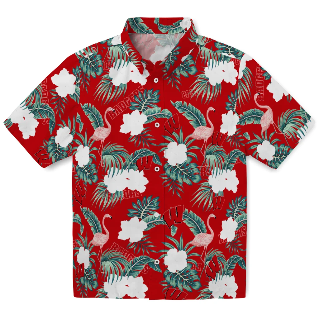 Wisconsin Badgers Hawaiian Shirt - Flamingo and Hibiscus wisconsin badgers flamingo palms red hawaiian shirts best selling
