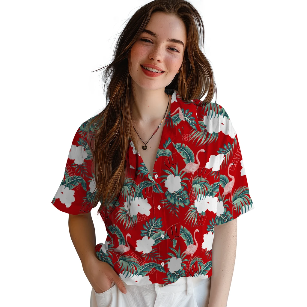 Wisconsin Badgers Hawaiian Shirt - Flamingo and Hibiscus wisconsin badgers flamingo palms red hawaiian shirts latest model
