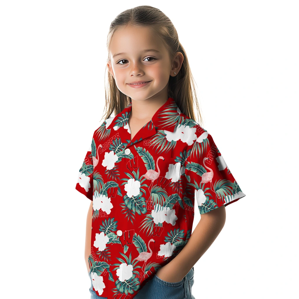 Wisconsin Badgers Hawaiian Shirt - Flamingo and Hibiscus wisconsin badgers flamingo palms red hawaiian shirts premium grade