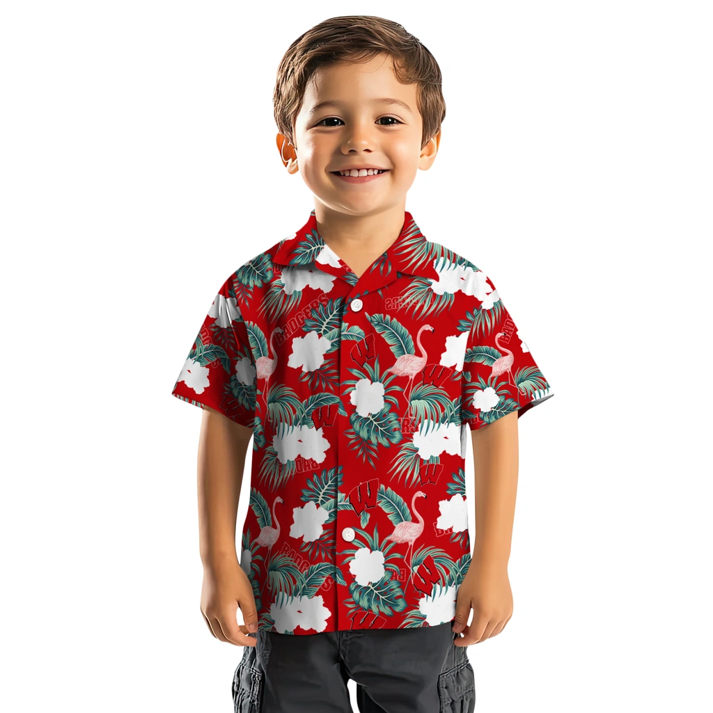Wisconsin Badgers Hawaiian Shirt - Flamingo and Hibiscus wisconsin badgers flamingo palms red hawaiian shirts top rated