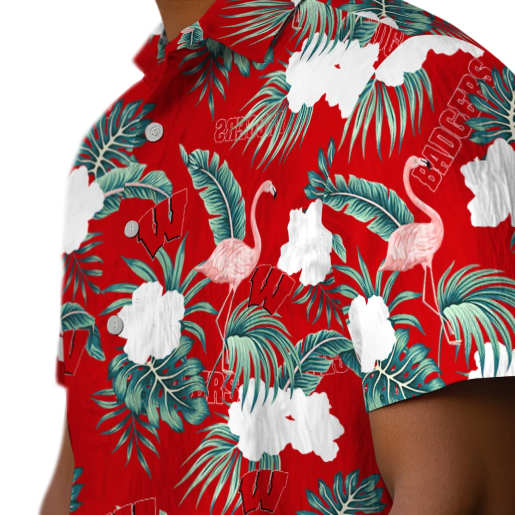 Wisconsin Badgers Hawaiian Shirt - Flamingo and Hibiscus wisconsin badgers flamingo palms red hawaiian shirts trendy
