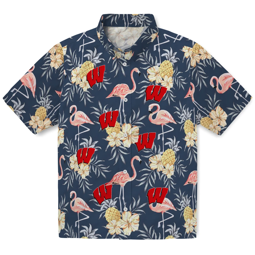 Wisconsin Badgers Hawaiian Shirt - Flamingo Hibiscus wisconsin badgers flamingo hibiscus navy hawaiian shirts best selling