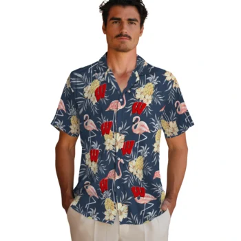 wisconsin badgers flamingo hibiscus navy hawaiian shirts fashion forward