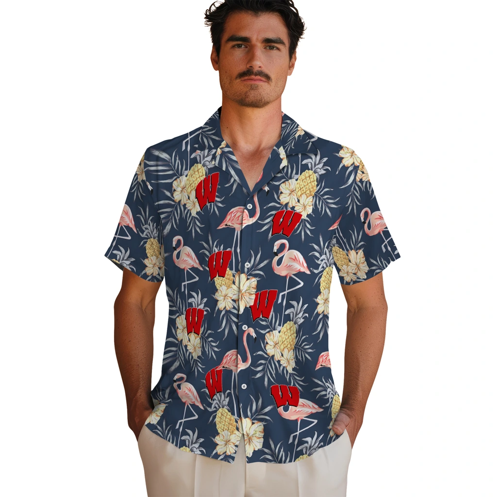 Wisconsin Badgers Hawaiian Shirt - Flamingo Hibiscus wisconsin badgers flamingo hibiscus navy hawaiian shirts fashion forward