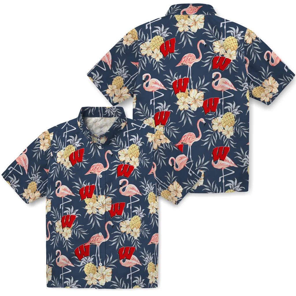 Wisconsin Badgers Hawaiian Shirt - Flamingo Hibiscus wisconsin badgers flamingo hibiscus navy hawaiian shirts high quality