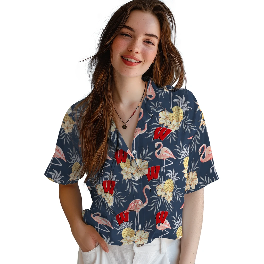 Wisconsin Badgers Hawaiian Shirt - Flamingo Hibiscus wisconsin badgers flamingo hibiscus navy hawaiian shirts latest model
