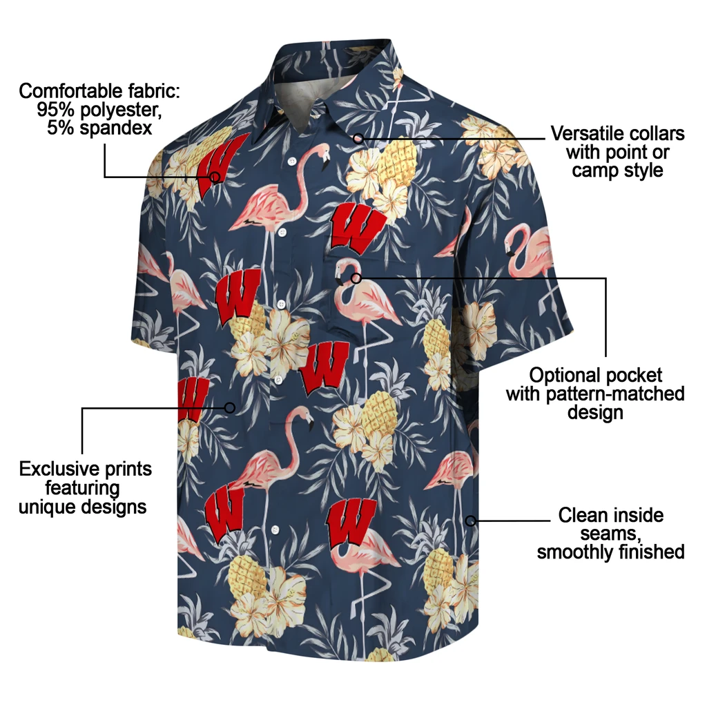 Wisconsin Badgers Hawaiian Shirt - Flamingo Hibiscus wisconsin badgers flamingo hibiscus navy hawaiian shirts new arrival