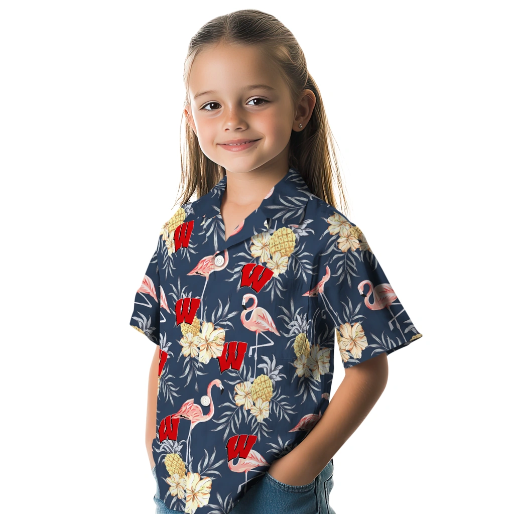 Wisconsin Badgers Hawaiian Shirt - Flamingo Hibiscus wisconsin badgers flamingo hibiscus navy hawaiian shirts premium grade