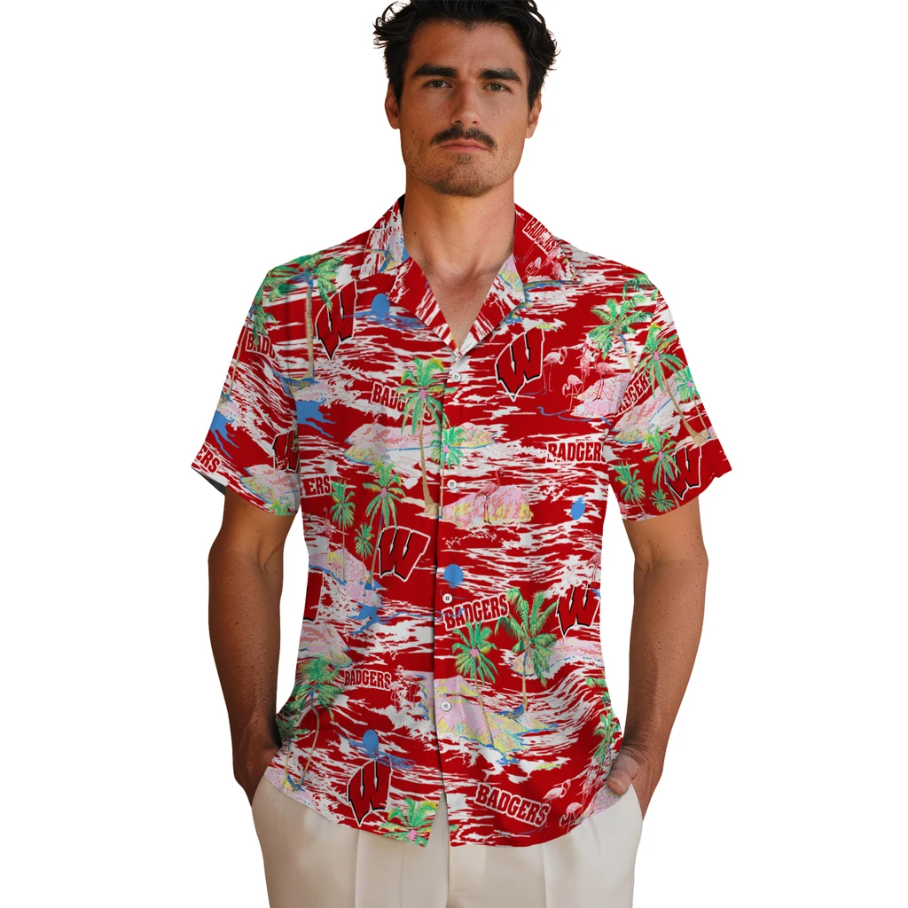 Wisconsin Badgers Hawaiian Shirt - Hawaii Island wisconsin badgers flamingo retreat red hawaiian shirts fashion forward