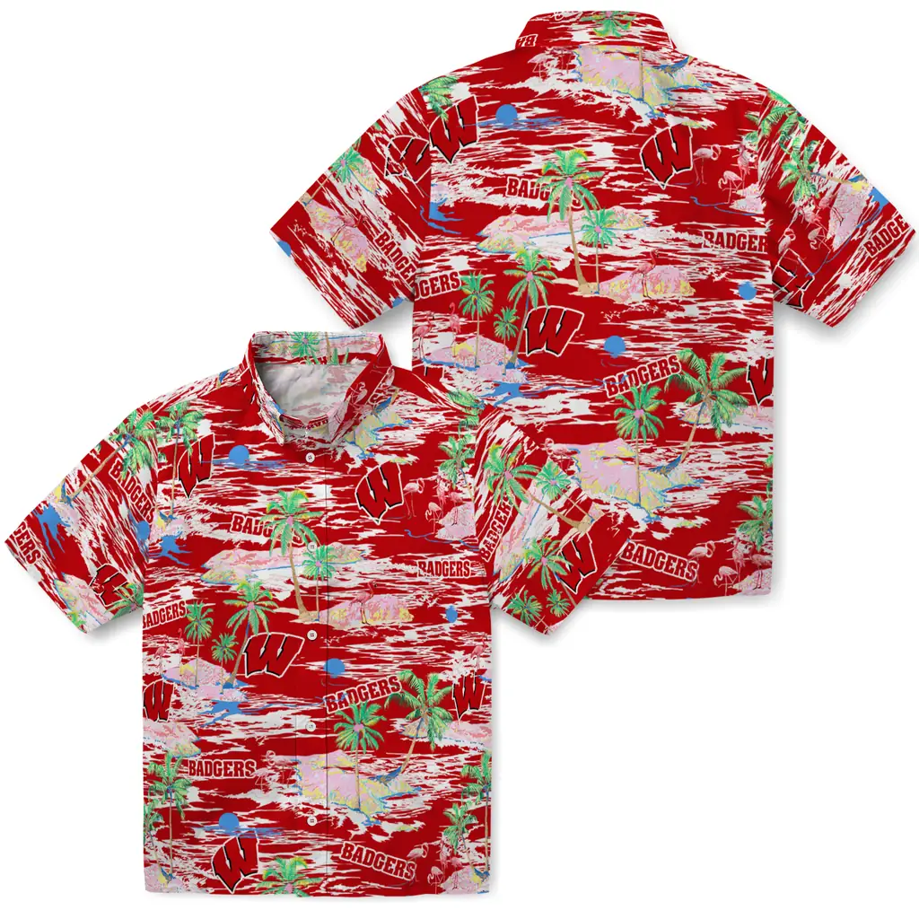 Wisconsin Badgers Hawaiian Shirt - Hawaii Island wisconsin badgers flamingo retreat red hawaiian shirts high quality