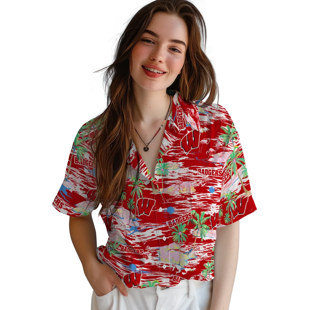 Wisconsin Badgers Hawaiian Shirt - Hawaii Island wisconsin badgers flamingo retreat red hawaiian shirts latest model