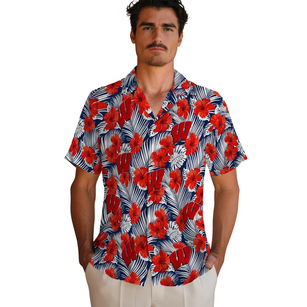 Wisconsin Badgers Hawaiian Shirt - Hibiscus Fiesta wisconsin badgers hibiscus fiesta red royal blue hawaiian shirts fashion forward