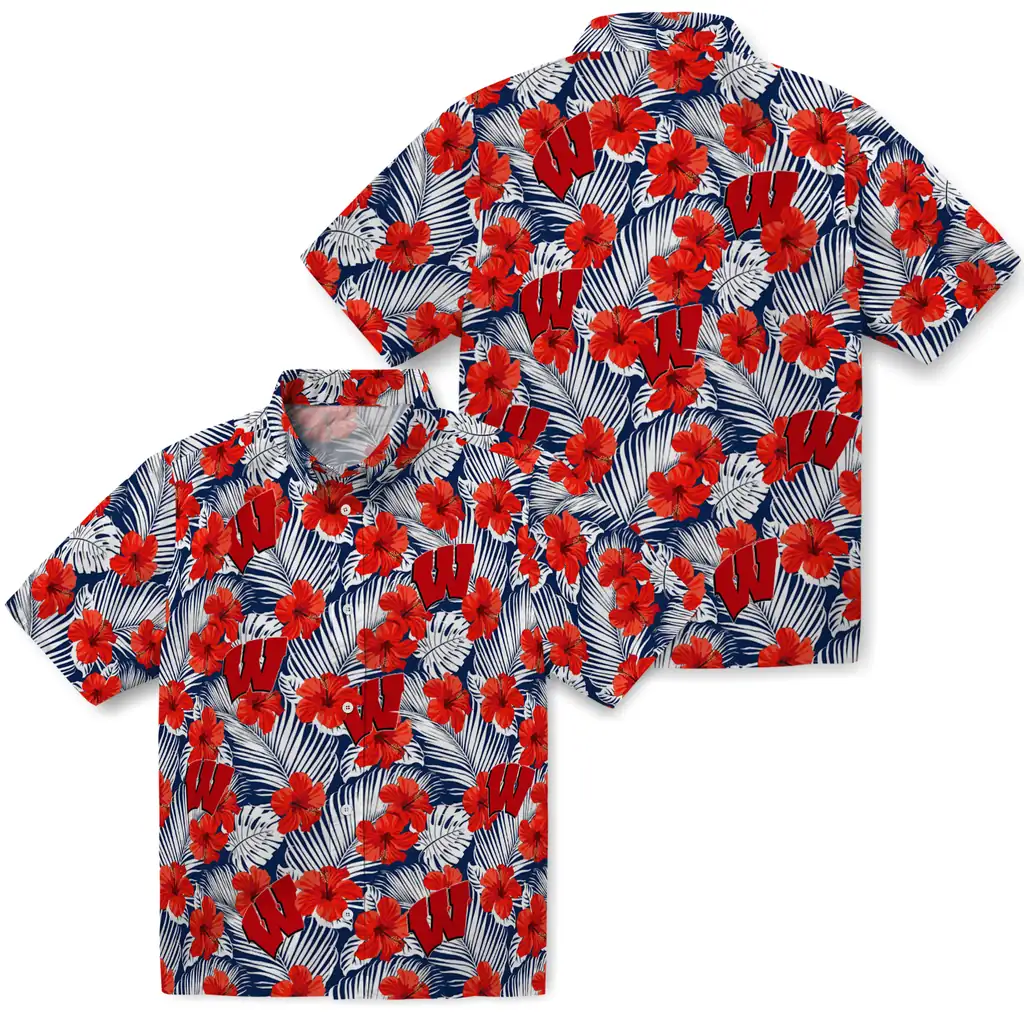 Wisconsin Badgers Hawaiian Shirt - Hibiscus Fiesta wisconsin badgers hibiscus fiesta red royal blue hawaiian shirts high quality