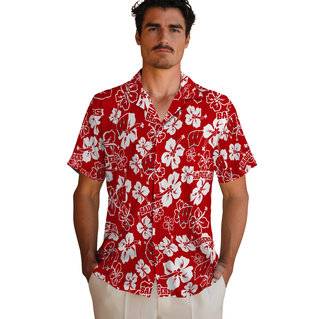 Wisconsin Badgers Hawaiian Shirt - Hibiscus Flower Design wisconsin badgers hibiscus bloom red hawaiian shirts fashion forward