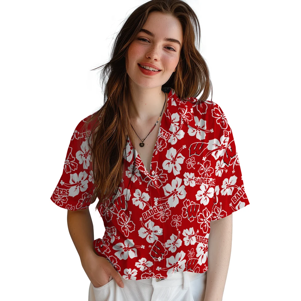 Wisconsin Badgers Hawaiian Shirt - Hibiscus Flower Design wisconsin badgers hibiscus bloom red hawaiian shirts latest model