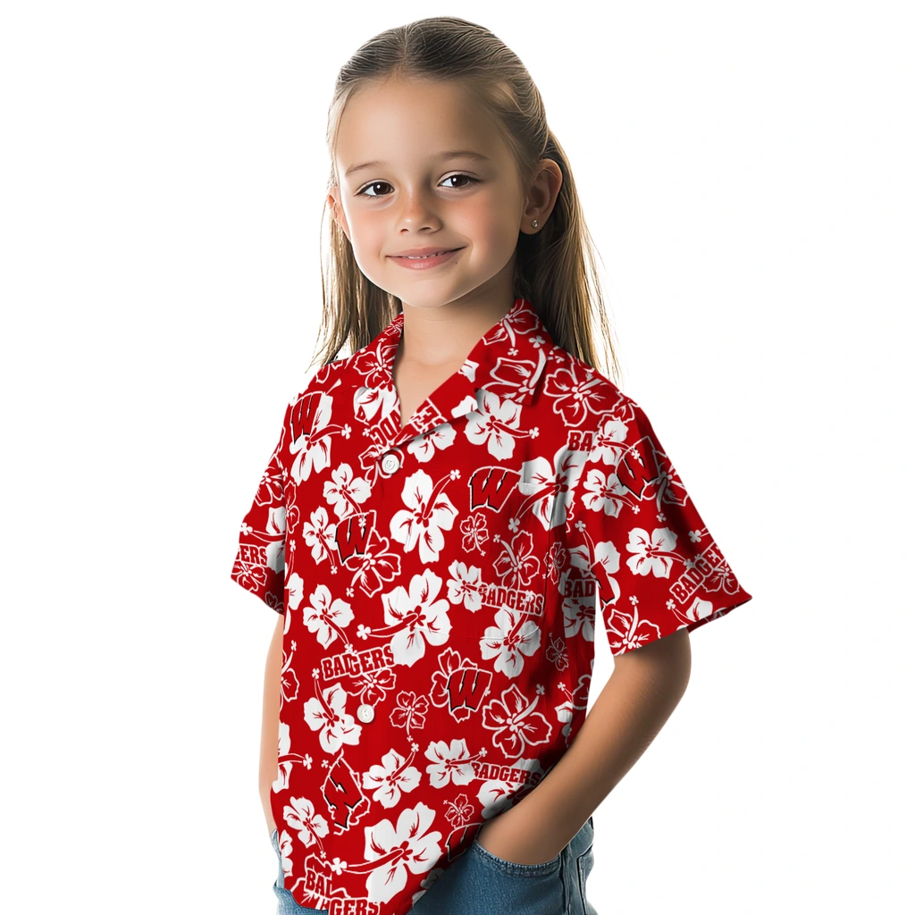 Wisconsin Badgers Hawaiian Shirt - Hibiscus Flower Design wisconsin badgers hibiscus bloom red hawaiian shirts premium grade
