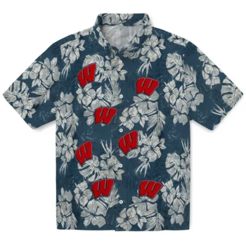 wisconsin badgers hibiscus flowers navy blue hawaiian shirts best selling