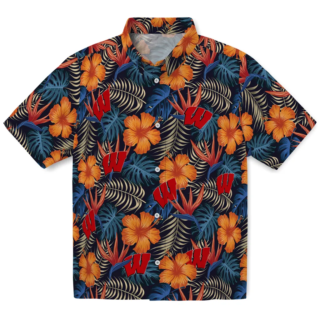 Wisconsin Badgers Hawaiian Shirt - Hibiscus Foliage wisconsin badgers hibiscus foliage hawaiian shirts best selling