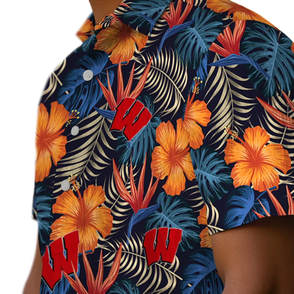 Wisconsin Badgers Hawaiian Shirt - Hibiscus Foliage wisconsin badgers hibiscus foliage hawaiian shirts trendy