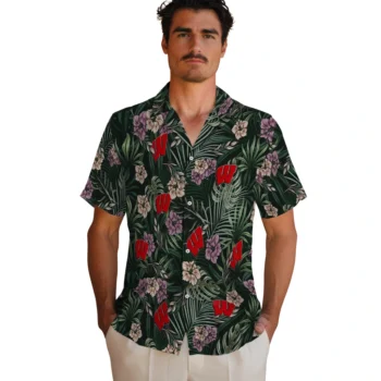 wisconsin badgers hibiscus leaves pattern green hawaiian shirts fashion forward