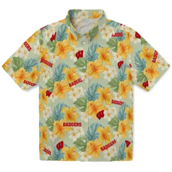 wisconsin badgers hibiscus mood pale lime yellow hawaiian shirts best selling