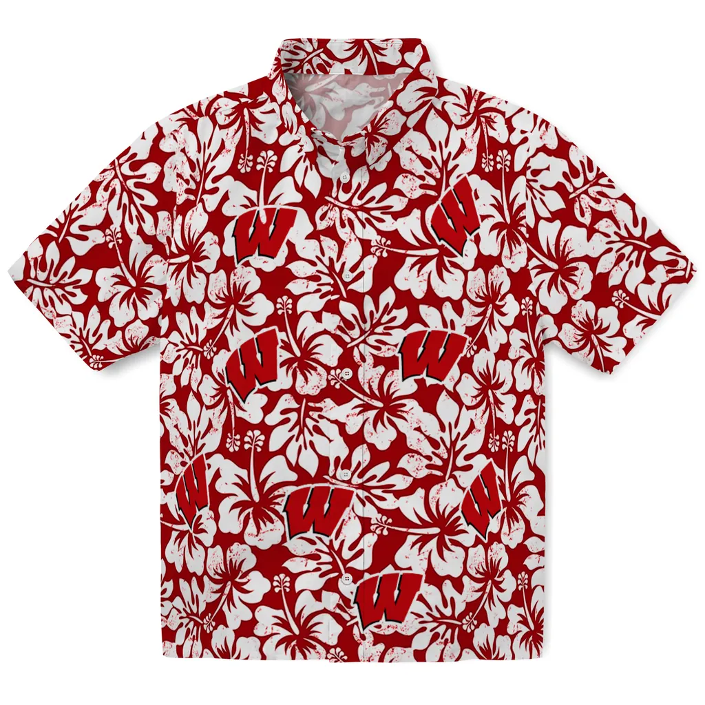 Wisconsin Badgers Hawaiian Shirt - Hibiscus Motif wisconsin badgers hibiscus motif red white hawaiian shirts best selling