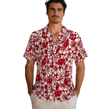 wisconsin badgers hibiscus motif red white hawaiian shirts fashion forward