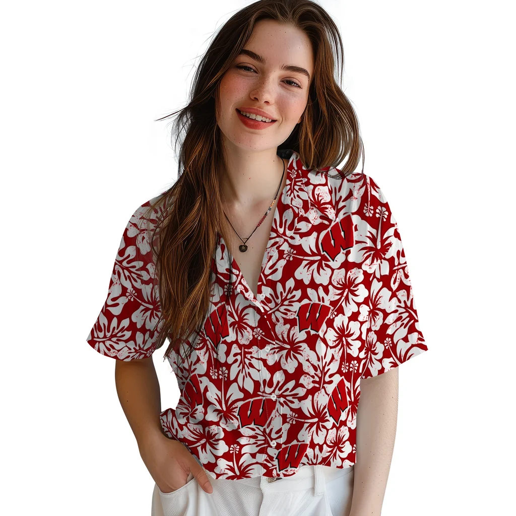 Wisconsin Badgers Hawaiian Shirt - Hibiscus Motif wisconsin badgers hibiscus motif red white hawaiian shirts latest model