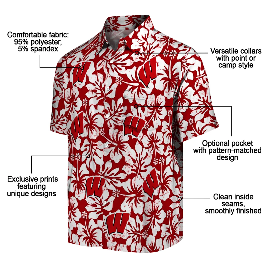 Wisconsin Badgers Hawaiian Shirt - Hibiscus Motif wisconsin badgers hibiscus motif red white hawaiian shirts new arrival