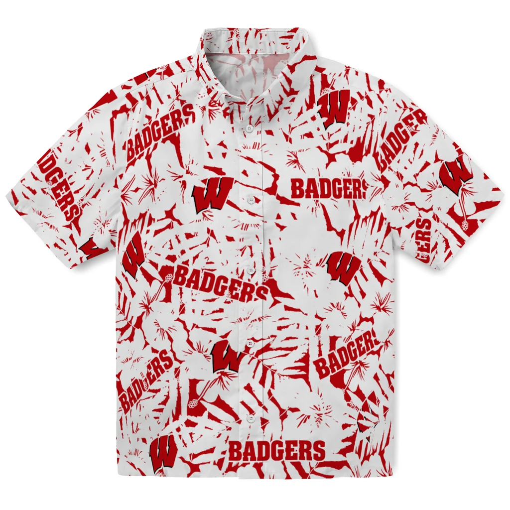 Wisconsin Badgers Hawaiian Shirt - Hibiscus Overlay wisconsin badgers hibiscus overlay hawaiian shirts best selling
