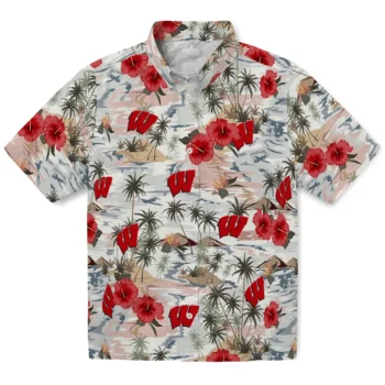 wisconsin badgers hibiscus seaside white hawaiian shirts best selling
